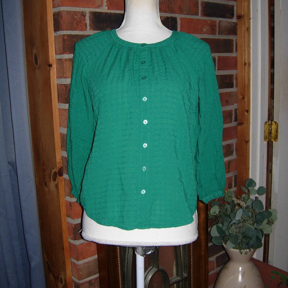 Ann Taylor Green Swiss Dot Button Front Top XS